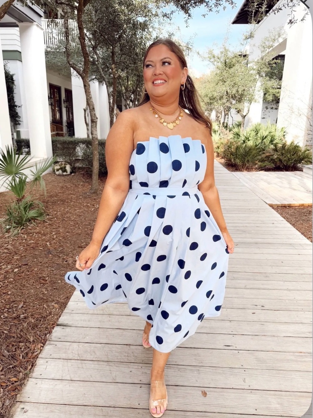 entro Strapless Light Blue Dress with Navy Polka Dots Midi Silhouette